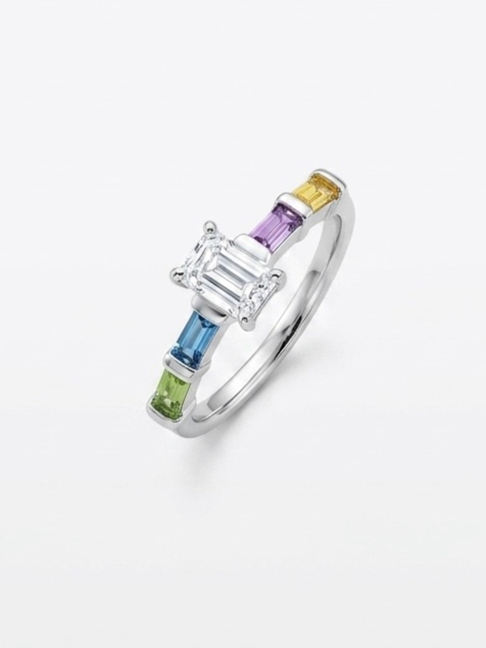 Platinum Plated Multicolor Baguette CZ Emerald Cut Statement Ring | Silver Tone